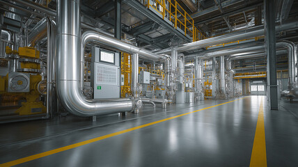 The advanced robotic maintenance area showcases intricate piping and bright yellow accents Generative AI