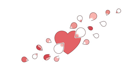 A red heart with scattered petals and leaves symbolizing love and romance