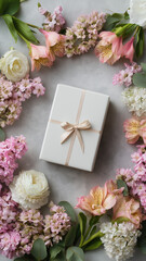 Spring flowers create a vibrant setting for a gift box, perfect for honoring special women Generative AI