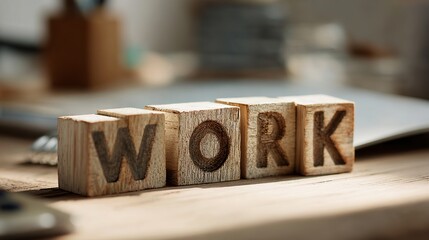 Wooden blocks spelling "WORK" on a desk with office supplies in the background