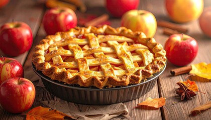 Delicious apple pie with lattice crust, apples, and autumnal elements