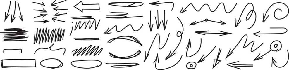 Collection of various hand drawn arrow shapes and scribble lines on a white background