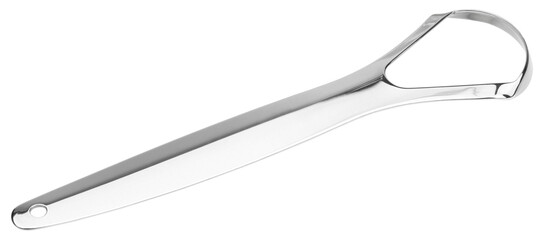 Stainless steel tongue scraper for oral hygiene, daily cleaning. Reusable dental care tool for fresh breath, bacteria removal and healthy mouth routine. Minimal medical accessory for personal care use