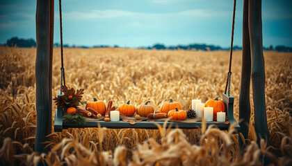 Rustic swing in a golden wheat field, decorated with Thanksgiving-themed items like pumpkins, dried corn, and candles, warm autumn light 2