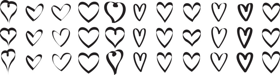A collection of hand drawn hearts in varying shapes and sizes displayed neatly