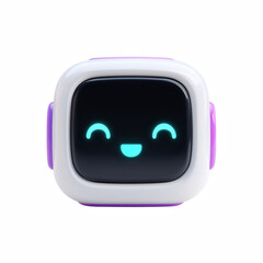 3D cute cartoon robot face icon with glowing cyan smile, rounded square screen isolated on transparent background.