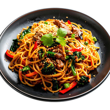 Close-up of tsuiyan stir-fried noodles, highlighting the wok hei aroma and glossy sauce coating, isolated on a white background