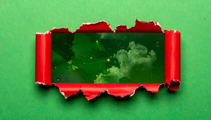 Torn paper reveals a vibrant green space with light and clouds