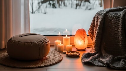 Cozy living room interior with candles and salt lamp by snowy window