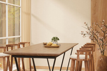 Bread and coffee on wooden dining table and stool chairs with sunlight through window in living room