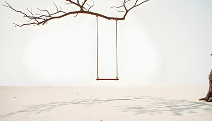 Rope swing hanging from a single tree branch over flat sand, no other elements, wide negative space, minimalist nature concept, clean sky