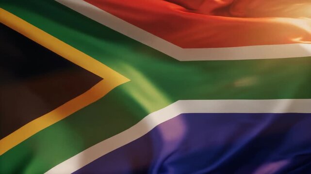 A close-up, detailed view of the South African flag, showcasing its vibrant colors and intricate design.