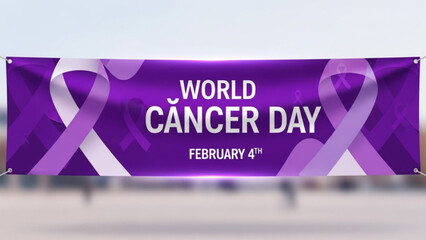 World Cancer Day banner with purple ribbons and text promoting awareness and support for February 4th ideal for campaigns and events