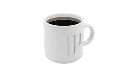 White Coffee Mug with 'P' Logo Filled with Dark Coffee