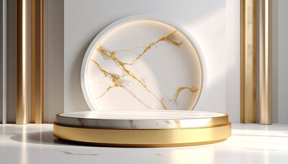 Luxurious white marble product display podium with gleaming golden accents and a subtle circular light ring, set against a clean minimalist studio