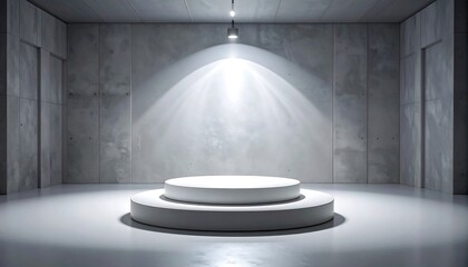 Modern two tiered white podium under bright spotlight in a minimalist concrete room, featuring textured gray walls and a polished floor.