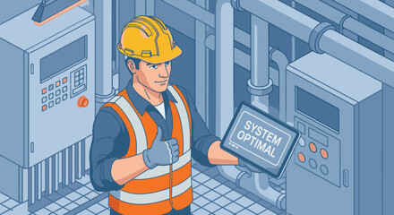 A skilled industrial engineer proudly displays 'System Optimal' on his tablet, giving a confident thumbs-up amidst complex factory machinery.