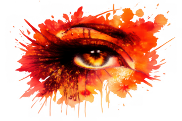 Eye surrounded by vibrant red and orange watercolor paint splatters, illustrating strong emotions and expressive artistry