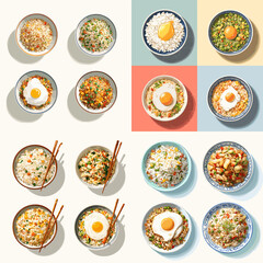 Illustration of rice bowls topped with eggs vegetables and grains. Clean flat lay food arrangement ideal for healthy menus meal planning and culinary education visuals.