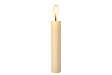 Burning simple white candle with a brightly glowing flame, symbolizing hope, prayer, and solemn remembrance. Transparent background