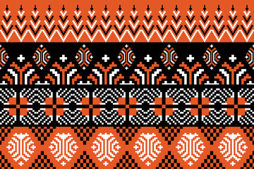 Bold ethnic geometric pattern inspired by traditional Asian textile art, pixel-style ornamental borders in orange, black, and beige, seamless vector and illustration suitable for fabric, wallpaper, an
