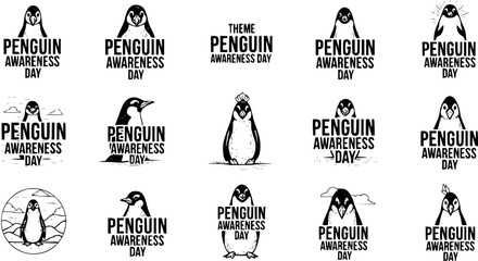 Black and White Penguin Awareness Day Logo Collection. Monochrome Line Art and Silhouette Emblems for Wildlife Conservation, Environmental Education, and Animal Awareness Events.