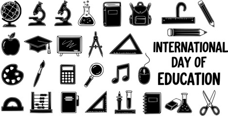 Fototapeta premium Black and White Line Art Icons for International Day of Education - School Supplies Learning Symbols