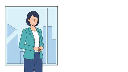 Women's Day Female Entrepreneur in Office &mdash; Corporate Flat Vector with Blue and Teal Palette, Large Copy Space