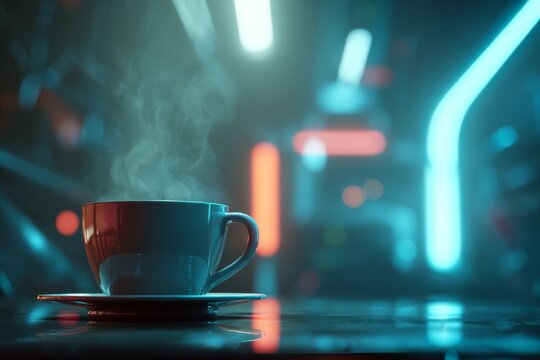 Close-up of ceramic coffee cup under dim futuristic cafe lighting, subtle cyberpunk accents in background, calm lo-fi atmosphere