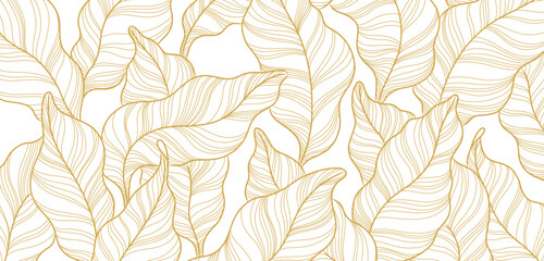 Gold tropical leaf line art wallpaper background vector. Natural leaves pattern design in minimalist linear.	