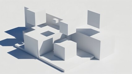 Minimalist Architectural Model in White Material Featuring Geometric Shapes and Structures