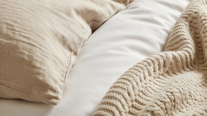 Cozy Bedroom Textile Arrangement Featuring Cream Bedding, Soft Pillows, and Knitted Throw