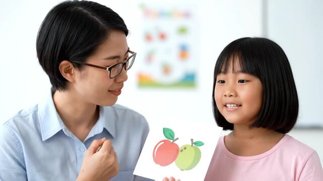 Asian teacher guides young student learning fruits with flashcards