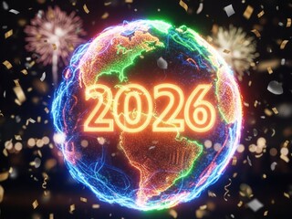 Glowing Earth Globe with Fireworks and 2026 Celebration.