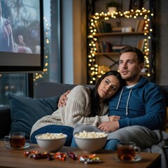 Cozy couple watching a movie at home with popcorn and warm string lights in the living room.