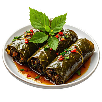 Japrak, Bosnian stuffed grape leaves filled with rice, minced meat, and herbs, isolated on white background.