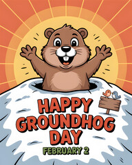 Happy groundhog day illustration with cute groundhog