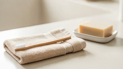 Elegant Soft Bath Towel with Natural Soap and Eco-Friendly Toothbrush on Minimalist Bathroom Counter