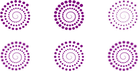 Bright blue abstract spiral patterns and radial geometric shapes collection including stars, hexagons, and sunbursts on white.