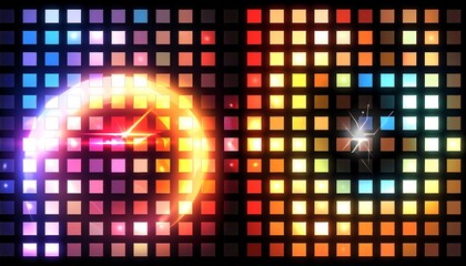 Vibrant multicolored grid background with glowing neon effects and bright lights.