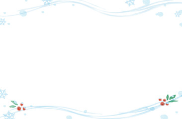 冬の水彩フレーム（流れる雪と南天）_横