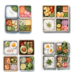 Top view illustration of bento style meal boxes filled with rice vegetables and protein. Organized healthy lunches designed for food planning menu and lifestyle visuals.