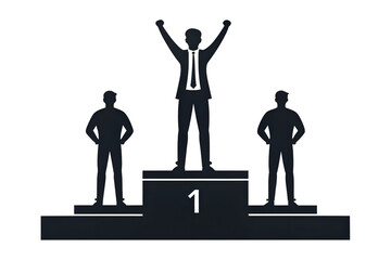 Business competitor silhouette celebrating victory standing on the highest step of the number one podium next to defeated rivals in a stark competitive achievement graphic