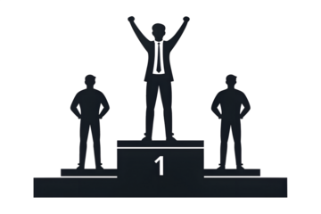 Business competitor silhouette celebrating victory standing on the highest step of the number one podium next to defeated rivals in a stark competitive achievement graphic