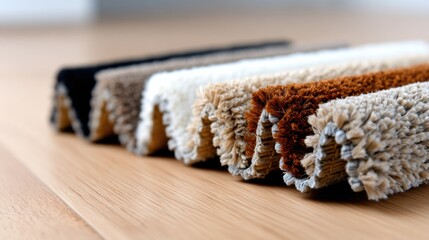 Different types of rugs arranged in a line on a wooden floor in a retail setting during daytime