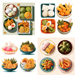 Illustrated set of Asian snacks and desserts arranged in plates and trays. Colorful traditional treats displayed neatly for festive menus and food presentation projects.