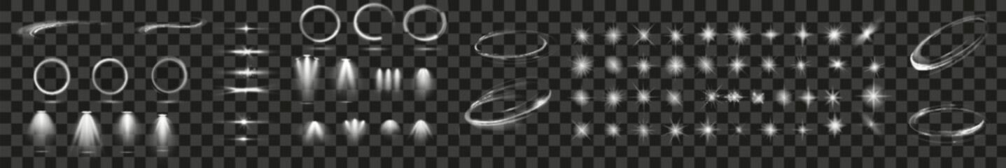 Light effect set. Glow isolated white transparent light effect set, lens flare, explosion, glitter, dust, line, sun flash, spark and stars, spotlight, curve twirl. Sunlight, abstract special effect