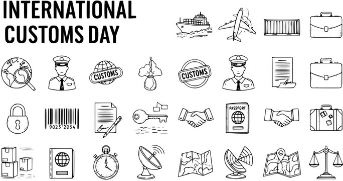 International Customs Day Hand-Drawn Line Art Icons Set. Black and white doodle symbols for global trade, logistics, travel, and border control, featuring customs officer, passport, ship