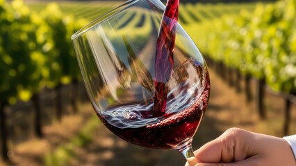Pouring rich dark red wine into a clear glass with vineyard rows in the background on a sunny day, capturing the essence of winemaking and enjoyment with winery