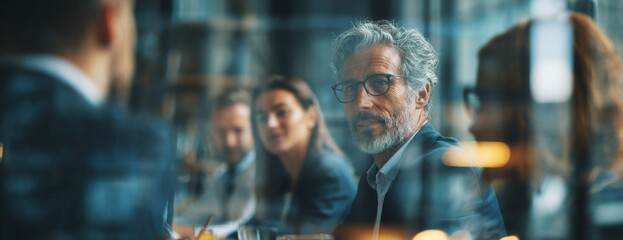 Business people engaged in discussion around table in office meeting  
